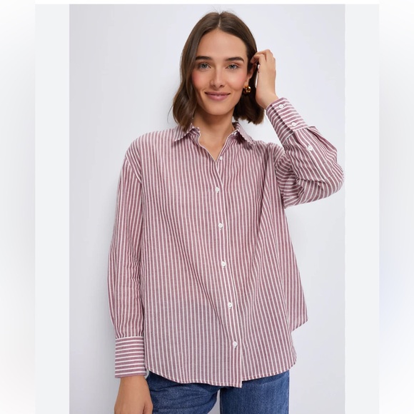 TUCKERNUCK Washed Red Pointelle Stripe Nadine Boyfriend Button Down size small - Picture 1 of 11